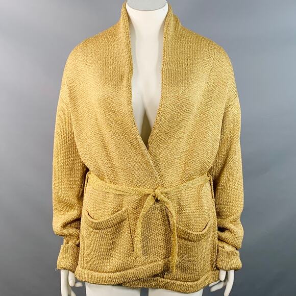 RALPH LAUREN Size L Gold Metallic Knit Belted Cardigan - Picture 1 of 7